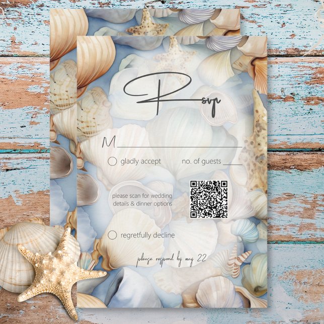 Cartão RSVP Código QR de Casamento Moderno da Cena de Capas Tr (Tropical Seashells Scene Modern Wedding QR Code RSVP Card)