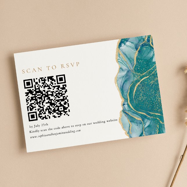 Cartão RSVP Código QR de Casamento Moderno de Agate Dourado Tu (Criador carregado)