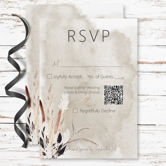 Cartão RSVP Código QR de Casamento Moderno de Boho Buquê Rusti (Rustic Boho Bouquet Modern Wedding QR Code RSVP Card)