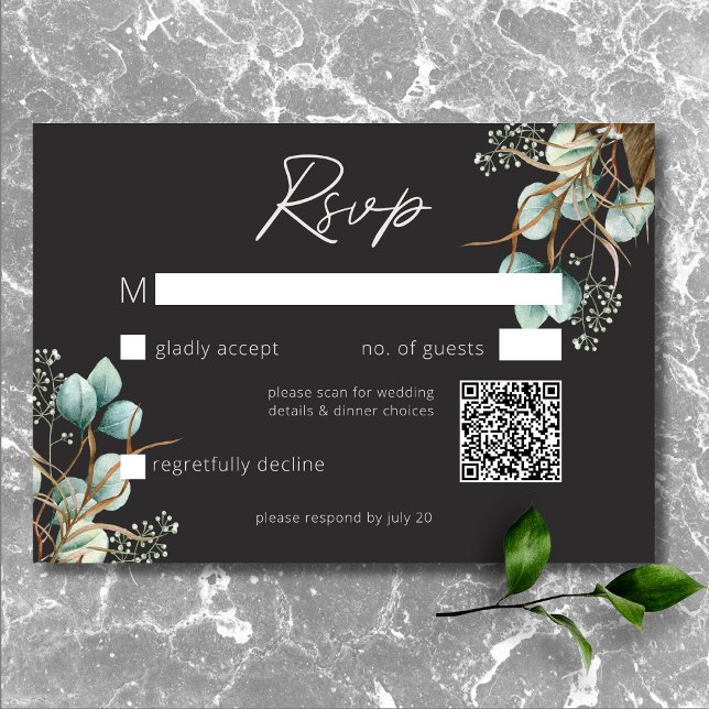 Cartão RSVP Código QR de Casamento Negra de Casamentos Brancos (Modern Elegant White Peonies Black Wedding QR Code RSVP Card)