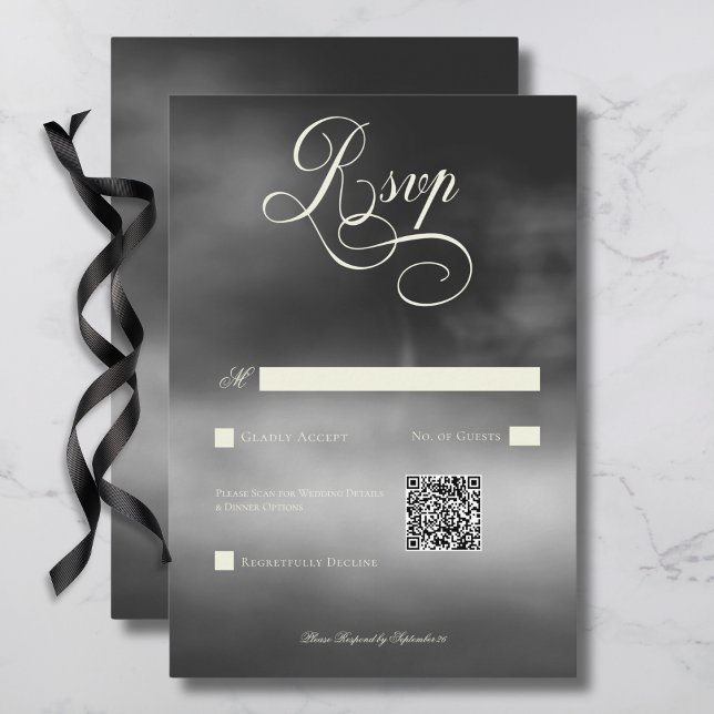 Cartão RSVP Código QR de Casamento Negra Negra Negra Negra de  (Dark Moody Midnight Black Fog Wedding QR Code RSVP Card)