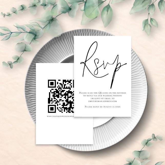 Cartão RSVP Código QR de Casamento Preto e Branco com Letra El (front and back view)
