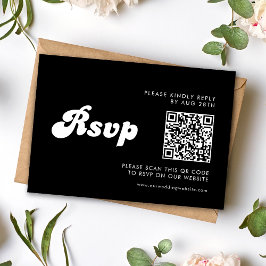 Cartão RSVP Código QR de Casamento Preto e Branco da Retro na