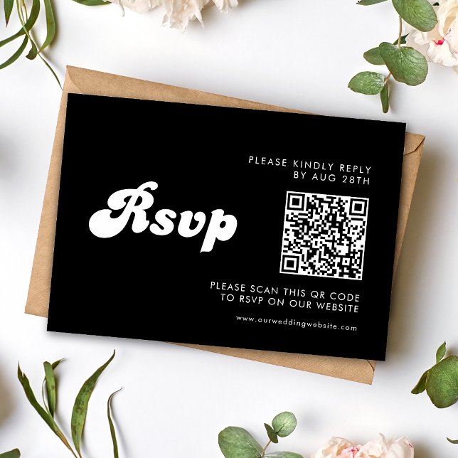 Cartão RSVP Código QR de Casamento Preto e Branco da Retro na  (Criador carregado)