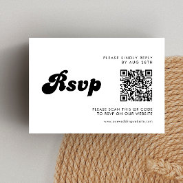 Cartão RSVP Código QR de Casamento Preto e Branco da Retro na