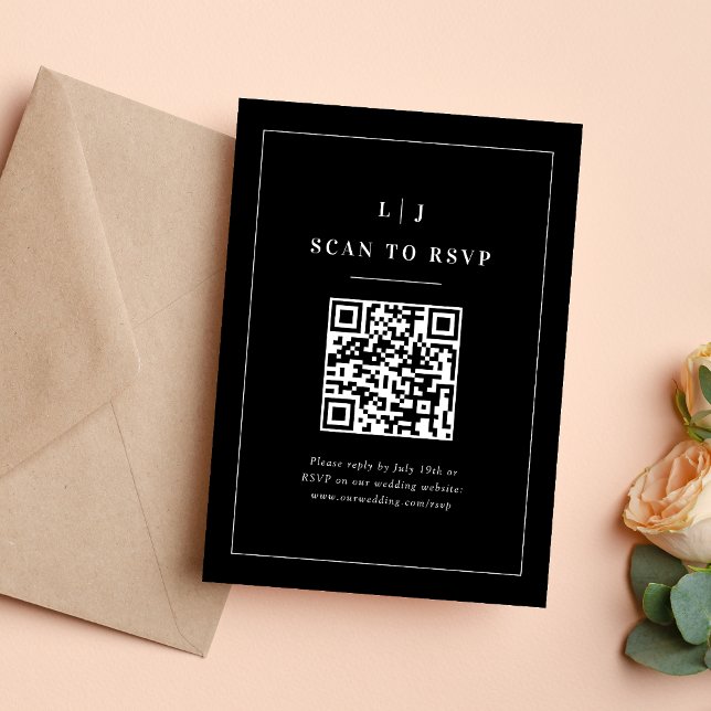 Cartão RSVP Código QR de Casamento Preto e Branco de Iniciais  (Criador carregado)