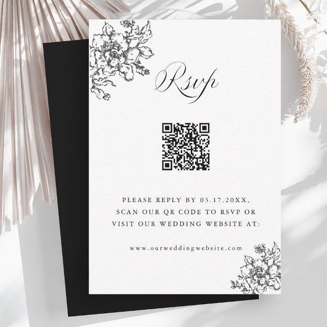 Cartão RSVP Código QR de Casamento Preto e Branco de Sangue Cl (Criador carregado)