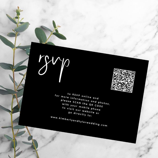 Cartão RSVP Código QR de casamento preto mínimo simples (Criador carregado)