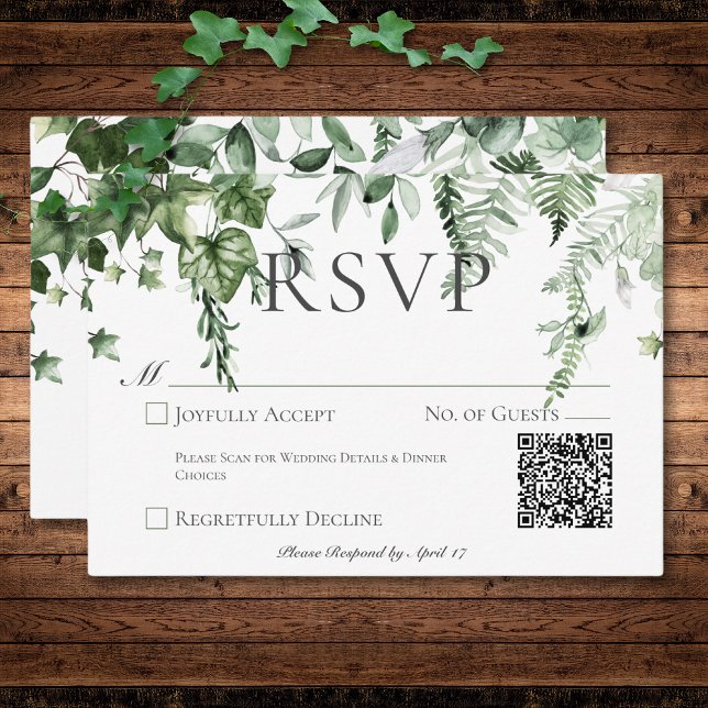 Cartão RSVP Código QR de Casamento Russo Ivy & Sage Greenery (Rustic Ivy & Sage Greenery Wedding Save The Date)