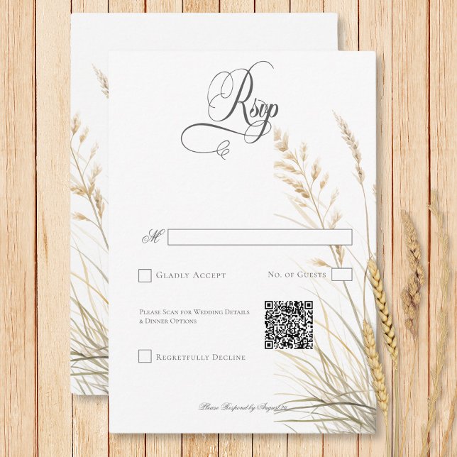 Cartão RSVP Código QR de Casamento Rustic Boho Seco Tan Grass (Rustic Boho Dried Tan Grass Wedding QR Code RSVP Card)
