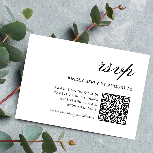 Cartão RSVP Código QR de Casamento Simples Formal Branco e Pre (Simple white and black QR code RSVP cards simplify guest replies with modern elegance.)