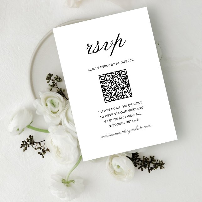 Cartão RSVP Código QR de Casamento Simples Formal Branco e Pre (Simple white and black QR code RSVP cards make guest responses easy and seamless.)