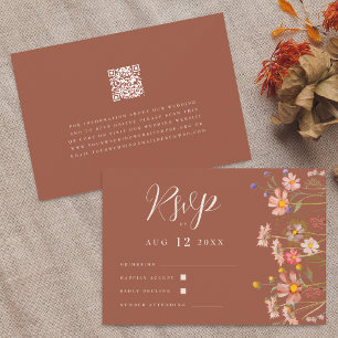 Cartão RSVP Código QR de Casamento Terracota Boho de Flor Silv