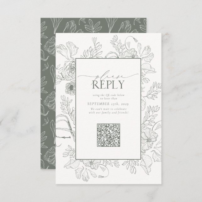 Cartão RSVP Código QR de Casamento Verde da Elegante Sage, Res (Frente/Verso)