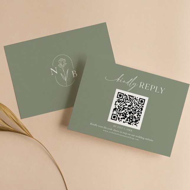 Cartão RSVP Código QR de Casamento Verde de Boho Verde Mínimo  (Criador carregado)