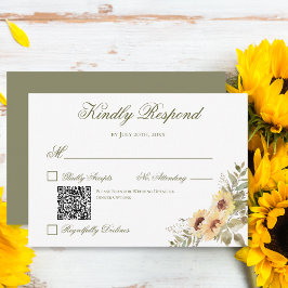 Cartão RSVP Código QR de Casamento Verde de Flores Solares Mol