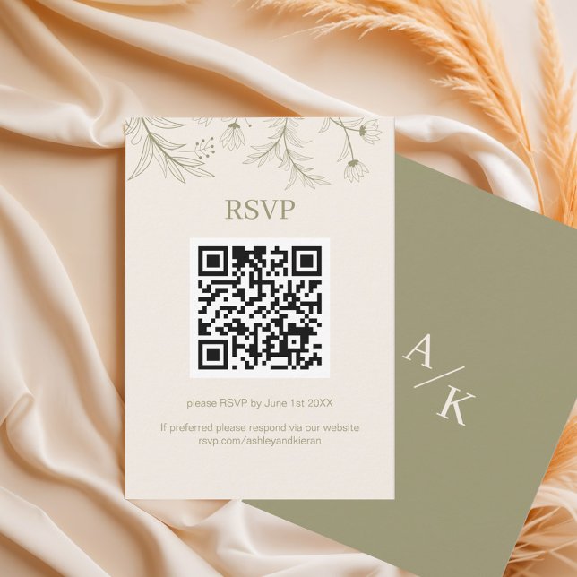 Cartão RSVP Código QR de Casamento Verde de Moss Floral Elegan (Criador carregado)