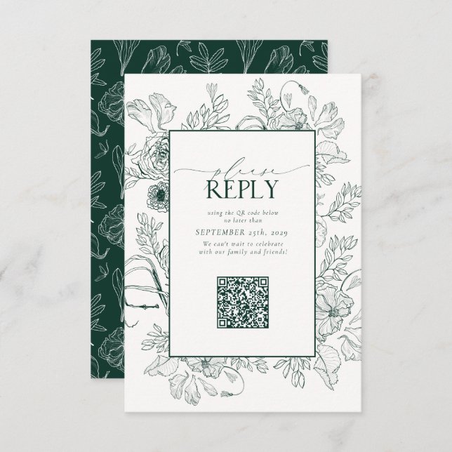 Cartão RSVP Código QR de Casamento Verde Elegante Emerald Por  (Frente/Verso)