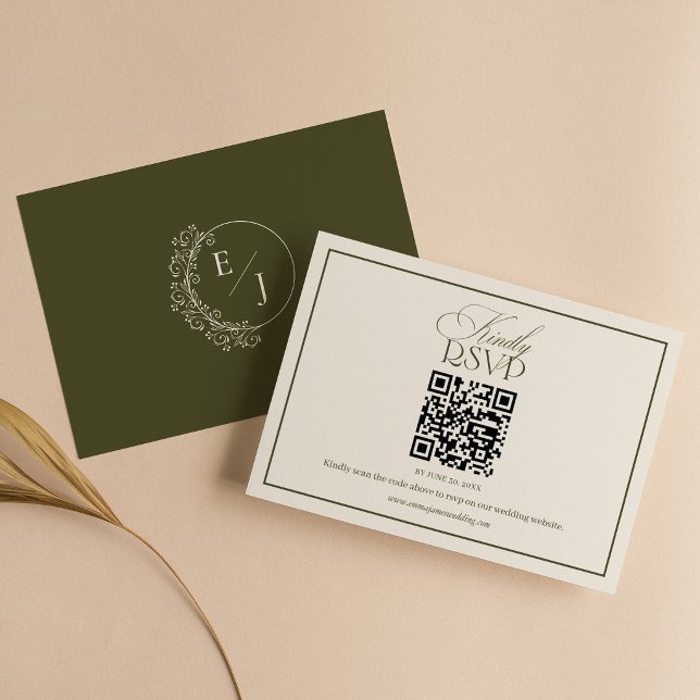 Cartão RSVP Código QR de Casamento Verde Oliva Clássico Old Mo (Criador carregado)
