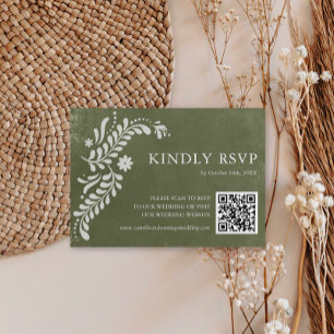 Cartão RSVP Código QR de Casamento Verde Russo Mexicano