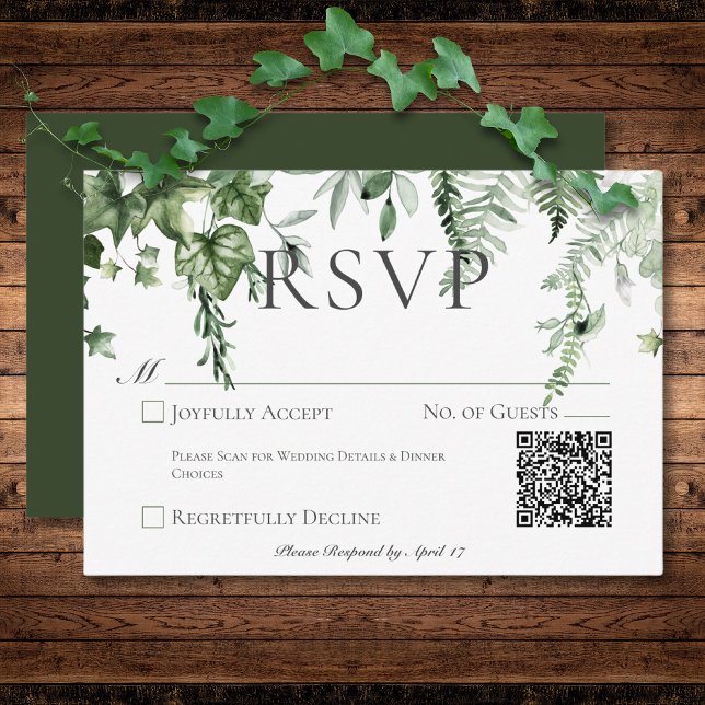 Cartão RSVP Código QR de Casamento Verde Rustic Ivy & Sage Gre (Rustic Ivy & Sage Greenery Green Wedding QR Code RSVP Card)