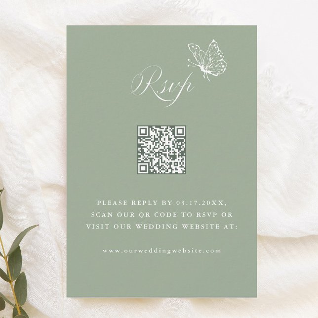 Cartão RSVP Código QR de Casamento Verde Sage Caligrafia Elega (Criador carregado)