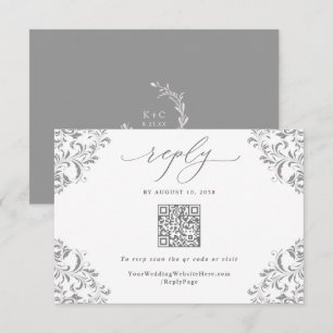 Cartão RSVP Código QR de Casamento vintage de Cinza Silver Ele