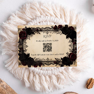 Cartão RSVP Código QR de Casamento Vitoriano de Renda Preta Gó