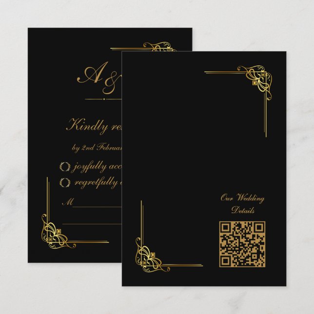 Cartão RSVP Código QR de Evento de Casamento Preto Elegante (Frente/Verso)