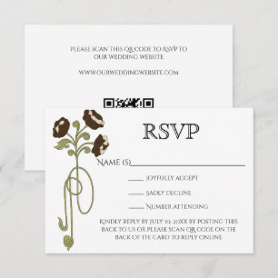 Cartão RSVP Código QR de Flores Bege Marrom Art Nouveau Vintag