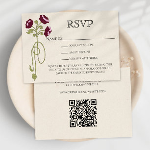 Cartão RSVP Código QR de Flores Rosa Borgonha Art Nouveau Vint