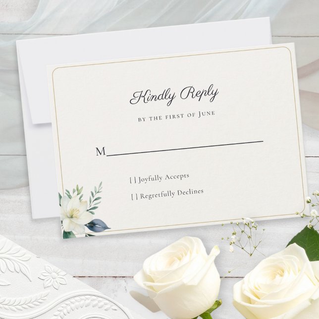 Cartão RSVP Código QR de folhagens florais brancas elegantes (An elegant wedding reply card for guests, with floral motif and a customizable QR code on the back)
