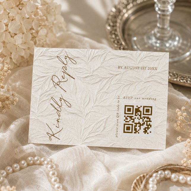 Cartão RSVP Código QR de folhas de marfim elegante para casame (Criador carregado)