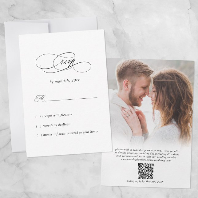 Cartão RSVP Código QR de Foto de Casamento Elegante Preto Míni (Criador carregado)