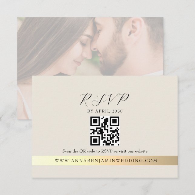 Cartão RSVP Código QR de Foto Marfim Casamento (Frente/Verso)