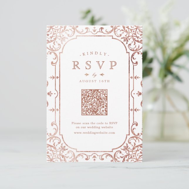 Cartão RSVP Código QR de rosa Dourado elegante ornamentado rom (Em pé/Frente)