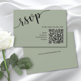 Cartão RSVP Código QR de RSEV Verde Salvia com Script Mínimo