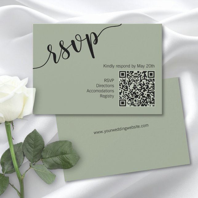 Cartão RSVP Código QR de RSEV Verde Salvia com Script Mínimo (Criador carregado)