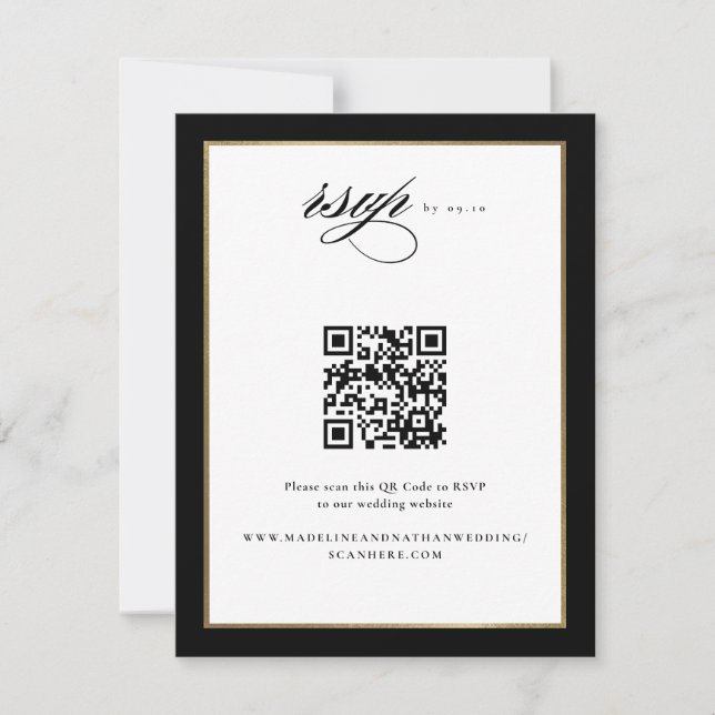 Cartão RSVP Código QR de Script Elegante Preto e Casamento Dou (Frente)