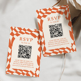 Cartão RSVP Código QR de Tabuleiro de Xadrez Laranja Retrô par