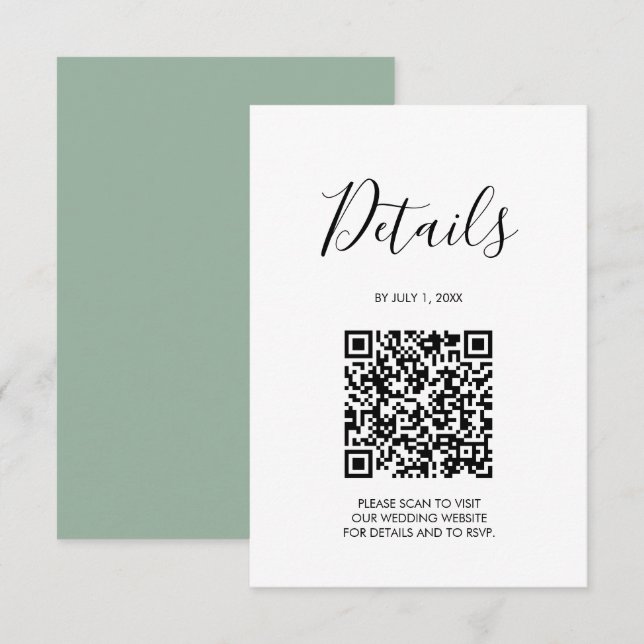 Cartão RSVP Código QR Detalhes de Casamento Verde Sage (Frente/Verso)