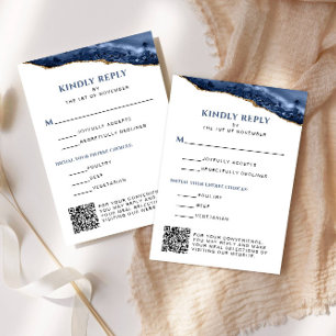 Cartão RSVP Código QR do Bar de Agato Azul e Dourado Mitzvah, 