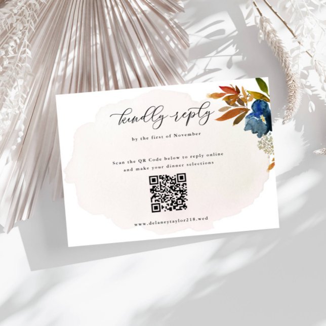 Cartão RSVP Código QR do Boho Boho Flower Casamento com marinh (Criador carregado)