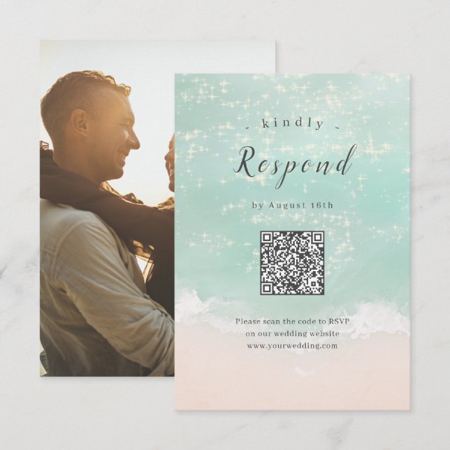 Cartão RSVP Código QR do casamento de praia de abstrato espuma (Frente/Verso)
