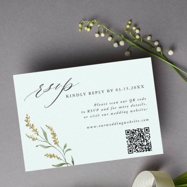 Cartão RSVP Código QR do Casamento Elegante de Mint Wildflower (Criador carregado)