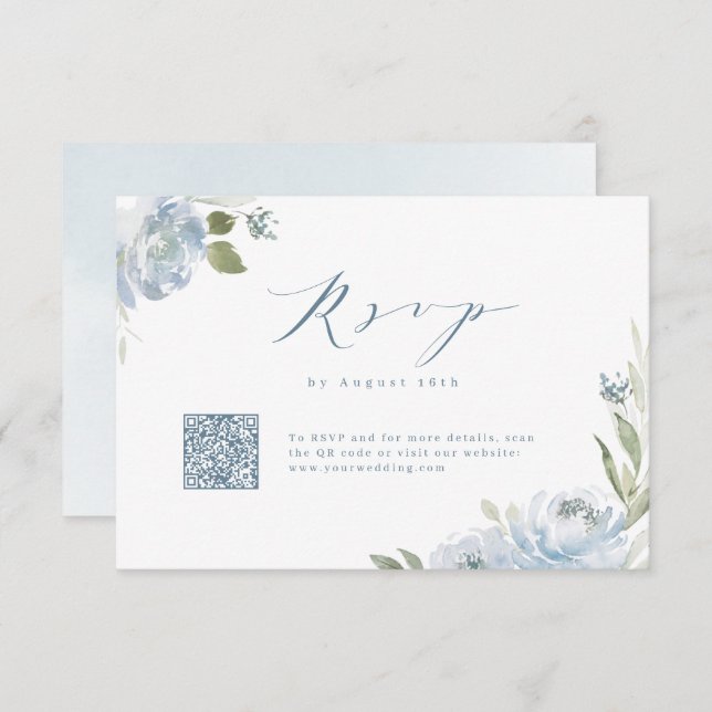 Cartão RSVP Código QR do casamento floral azul empoeirado do j (Frente/Verso)