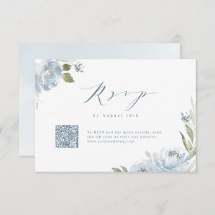 Cartão RSVP Código QR do casamento floral azul empoeirado do j