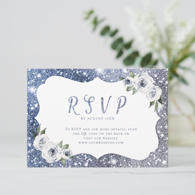 Cartão RSVP Código QR do casamento floral com brilho azul-Spar (Em pé/Frente)