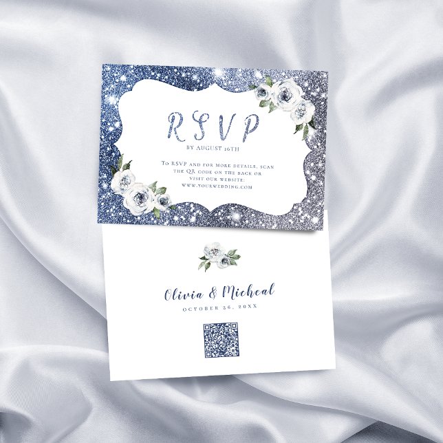Cartão RSVP Código QR do casamento floral com brilho azul-Spar (Sparkle blue silver glitter floral wedding QR code RSVP Card)