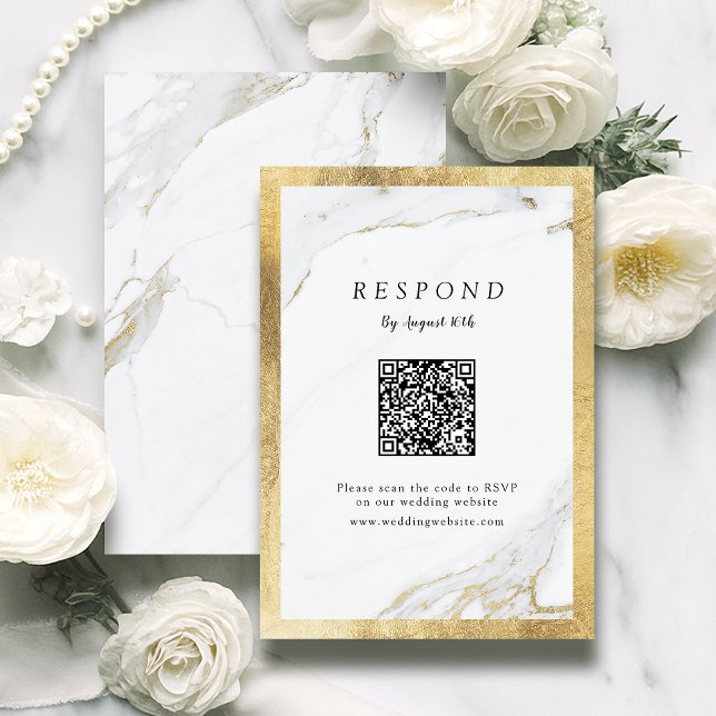 Cartão RSVP Código QR do casamento moderno do luxo de ouro pur (Faux gold marble luxury modern wedding QR code RSVP Card)